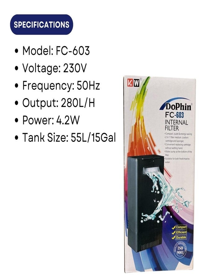 صندوق فلتر داخلي TUNAI Dophin FC-603 لأحواض أسماك الزينة | مناسب للمياه العذبة والمالحة | معدل التدفق: 280 لتر/ساعة | مناسب لأحواض سعة 55 لترًا | (أصلي من المتجر) - Image 3